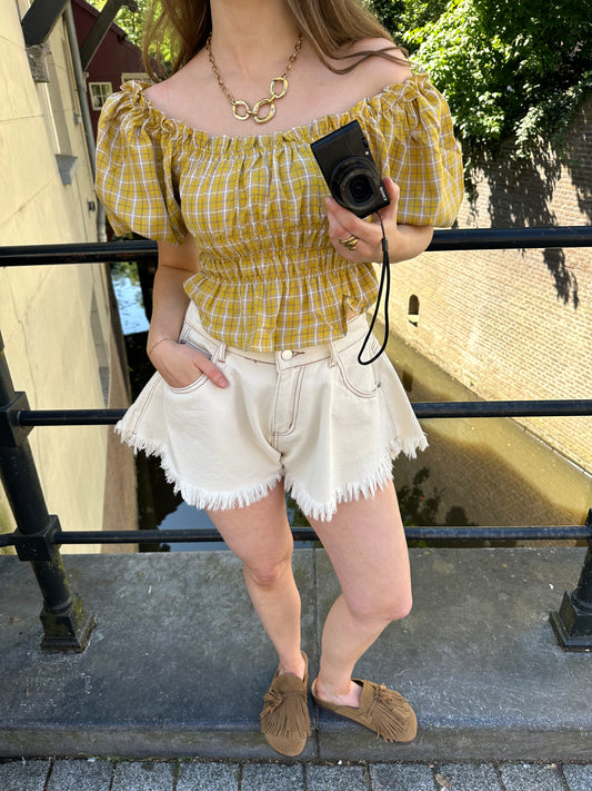 Sam top off shoulder ruitjes yellow