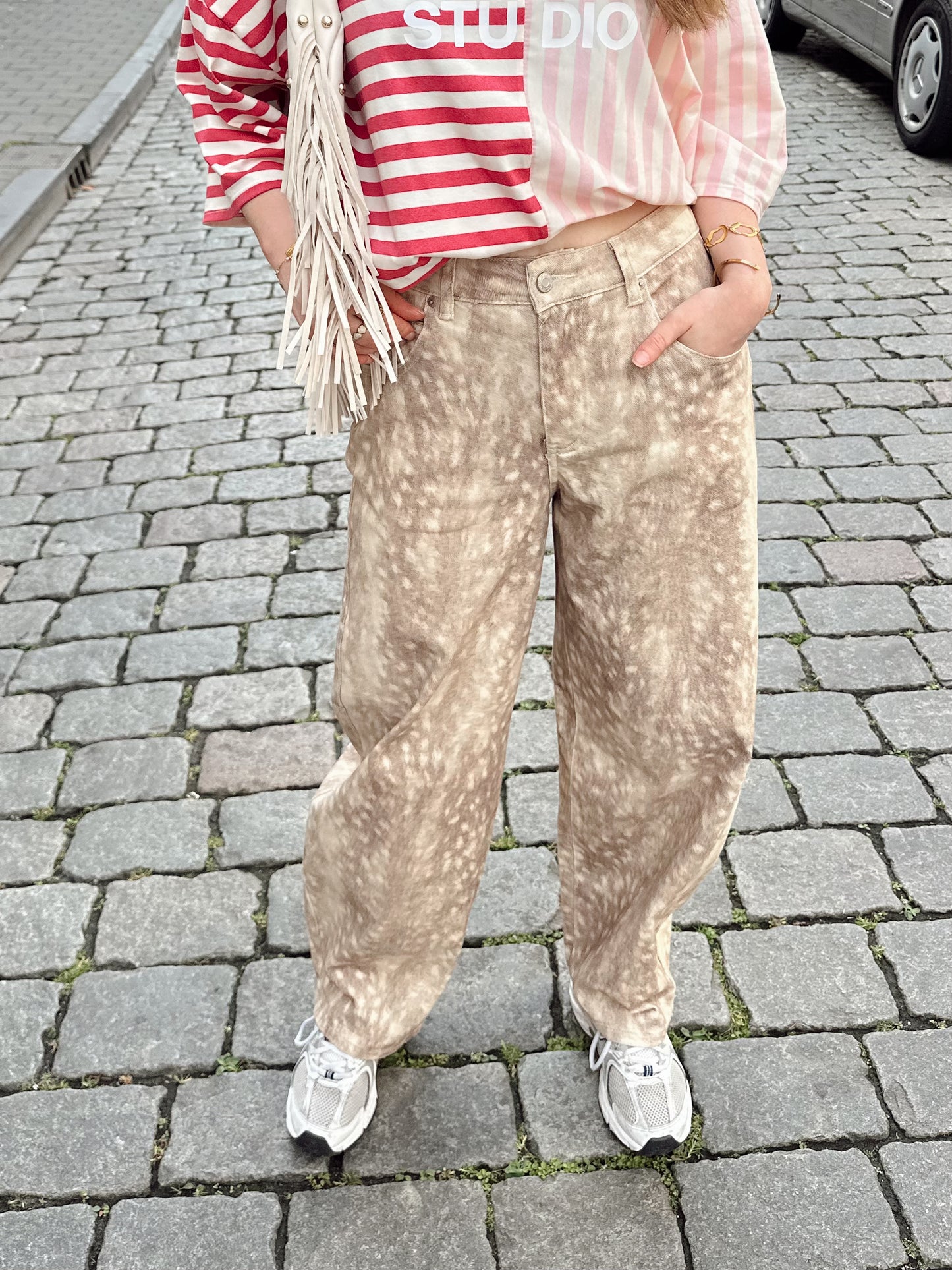 Nora bambi print pants baggy balloon fit beige