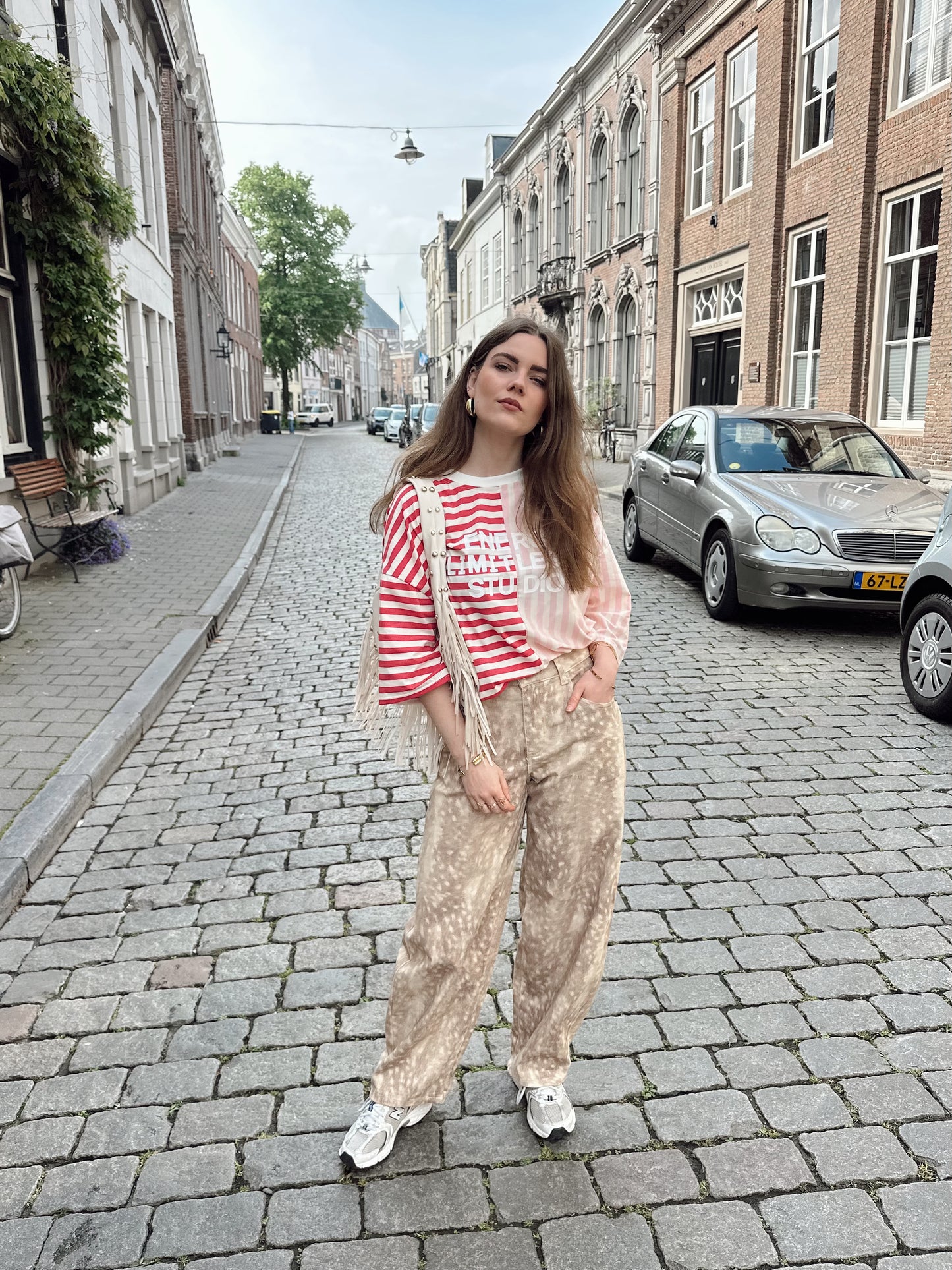 Nora bambi print pants baggy balloon fit beige