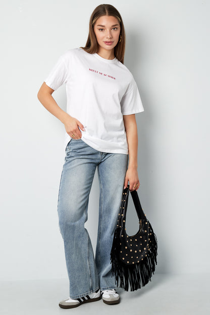 Luna schoudertas met franjes en studs zwart